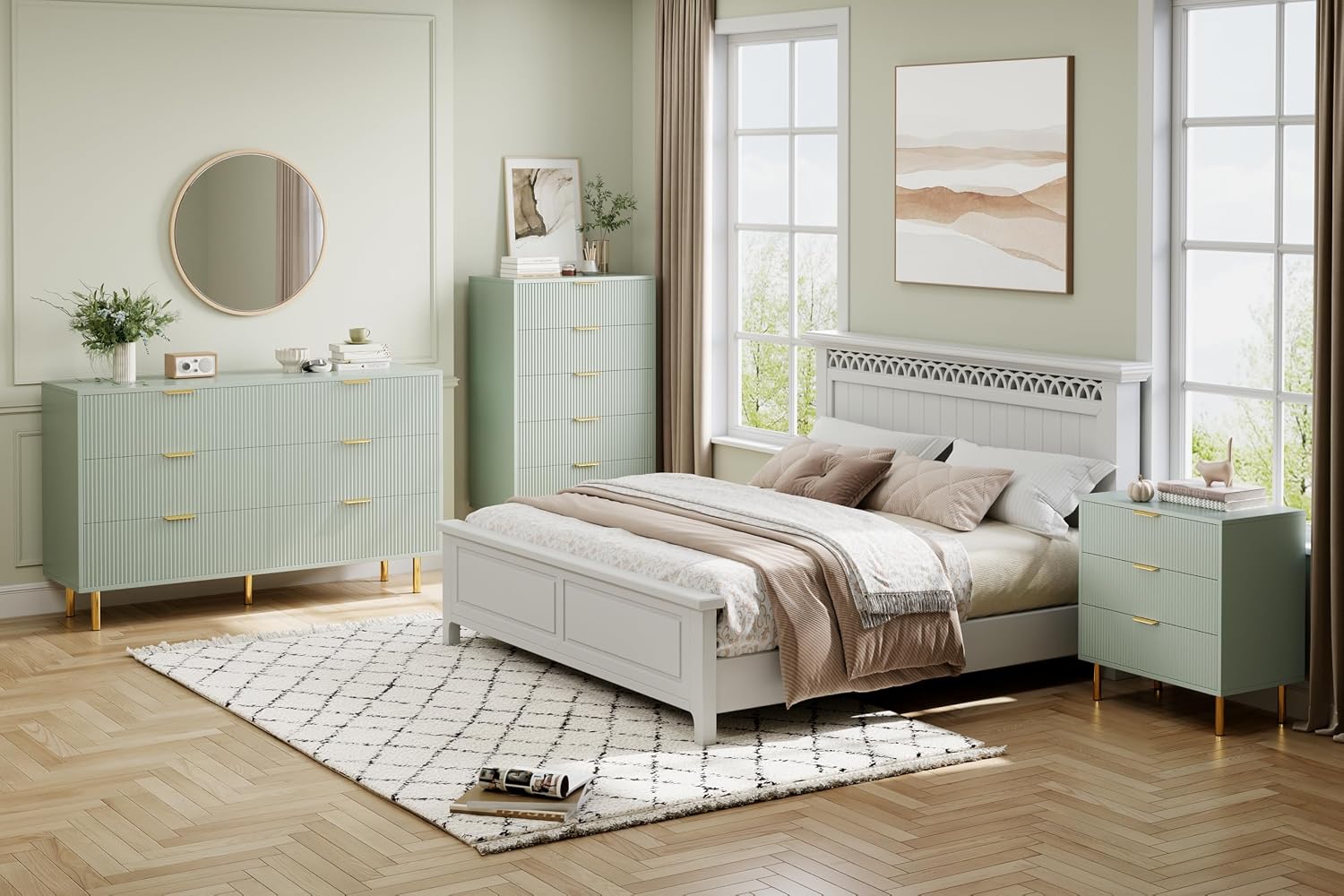 GarveeHome Green Dresser, Modern 5 Drawer Dresser for Bedroom with Gold Handle and Large Drawer, Wood Double Chest of Drawers and Storage Organizer for Living Room, Hallway, Entryway
