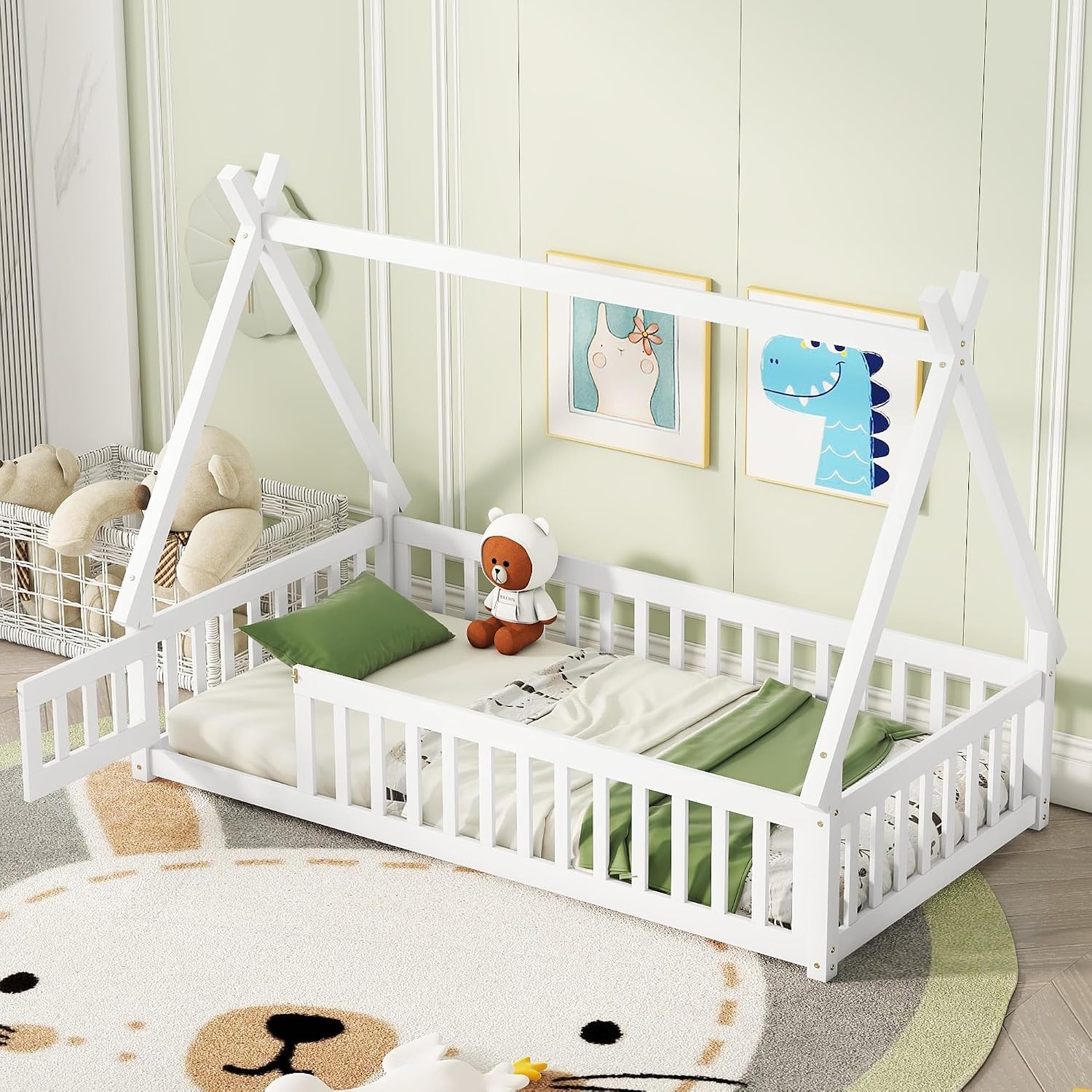 Bellemave Twin Size Tent Floor Bed for Kids,Solid Wood Teepee Montessori Floor Bed Frame with Door and Slats for Girls Boys(Twin,White)