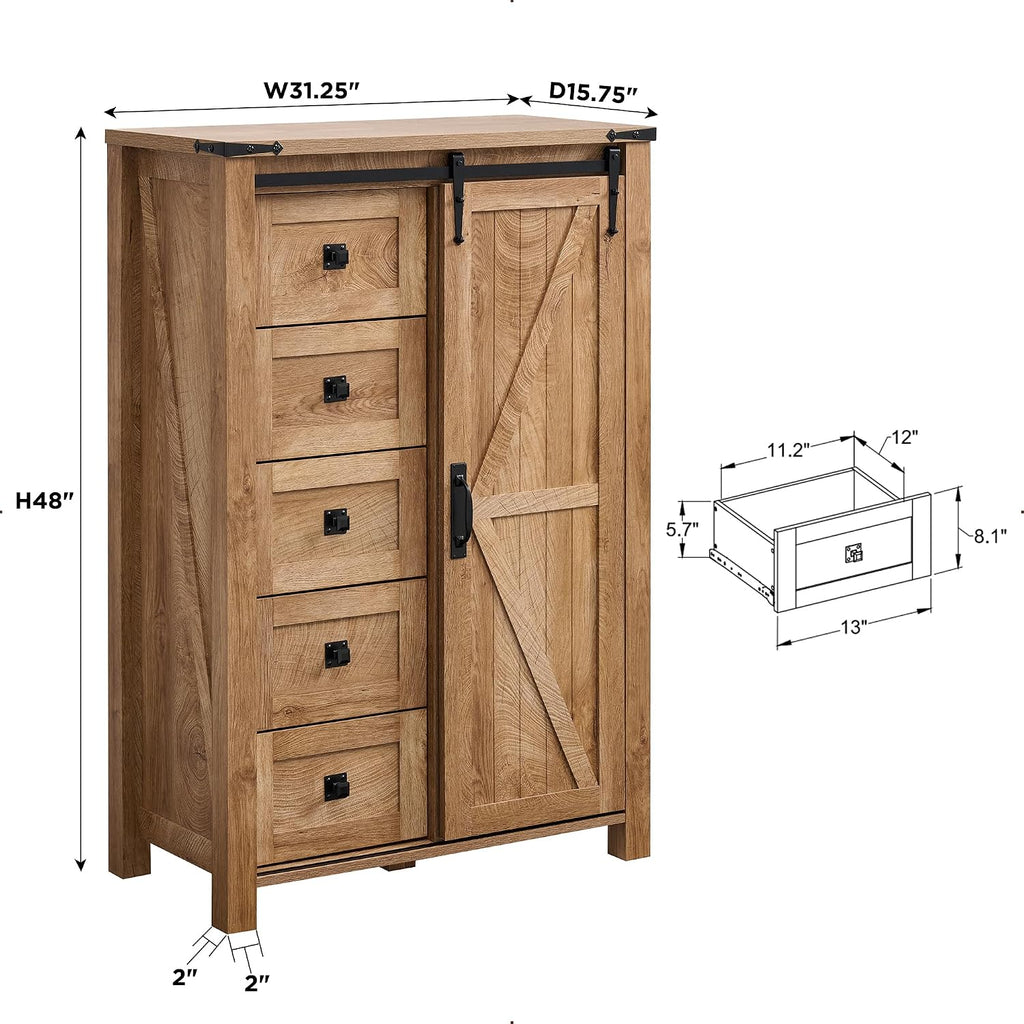 T4TREAM 5 Drawers Dresser for Bedroom w/Sliding Barn Door, Farmhouse Modern Tall Dresser 5 Chest of Drawers, Storage Organizer for Bedroom, Hallway, Living Room, Kids Room, Light Tree Knot