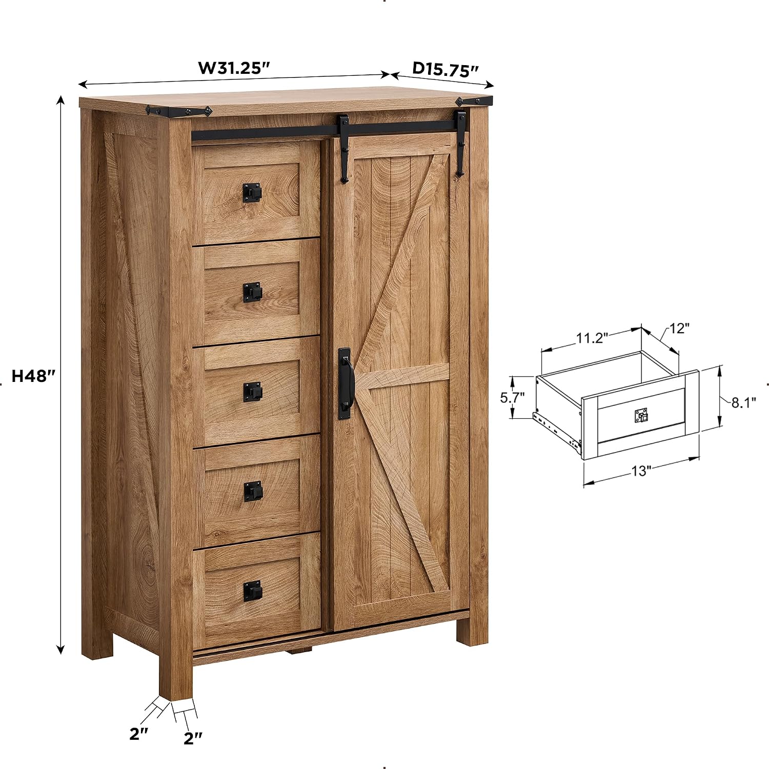T4TREAM 5 Drawers Dresser for Bedroom w/Sliding Barn Door, Farmhouse Modern Tall Dresser 5 Chest of Drawers, Storage Organizer for Bedroom, Hallway, Living Room, Kids Room, Light Tree Knot