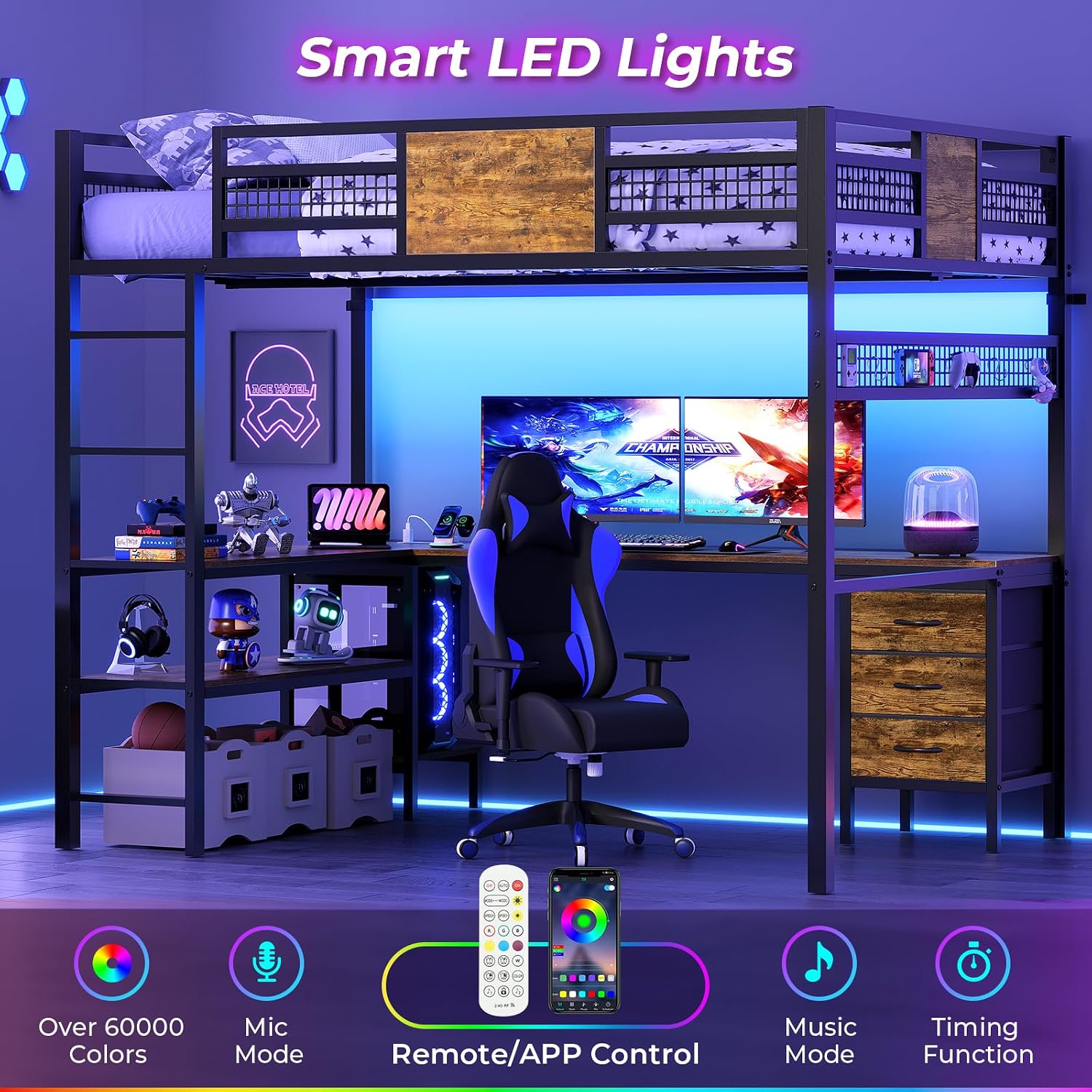 ADORNEVE Loft Bed Full Size with L-Shaped Desk, 3 Storage Drawers, Power Outlet, 3 Storage Shelves, Metal Loft Bed Frame with RGB Lights, Bed with Safety Guardrail & Ladders,Space-Saving, Grey