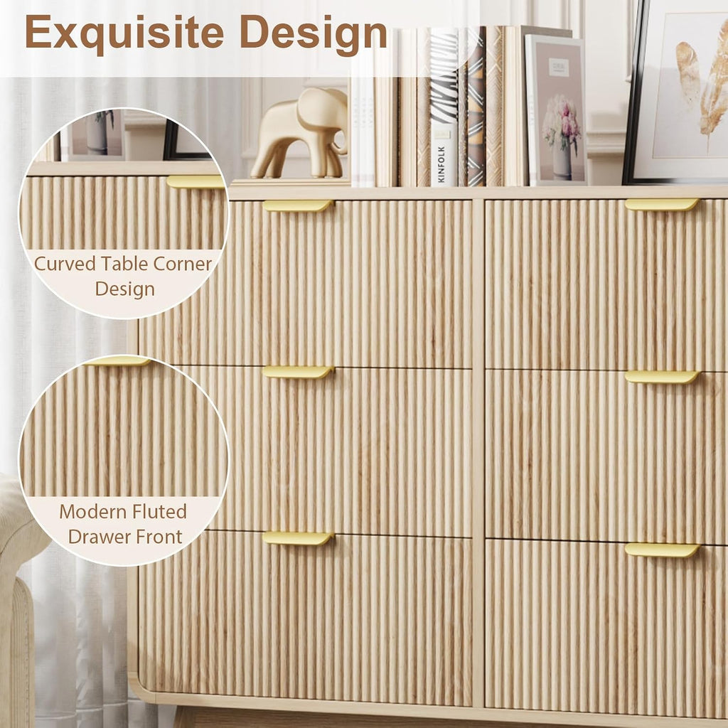 QUW Fluted 59.1' Wide Modern Dresser for Bedroom with 9 Drawers, Tall Chest of Drawers with Metal Handle, Wooden Dresser TV Stand, Hallway, Living Room, Natural Oak