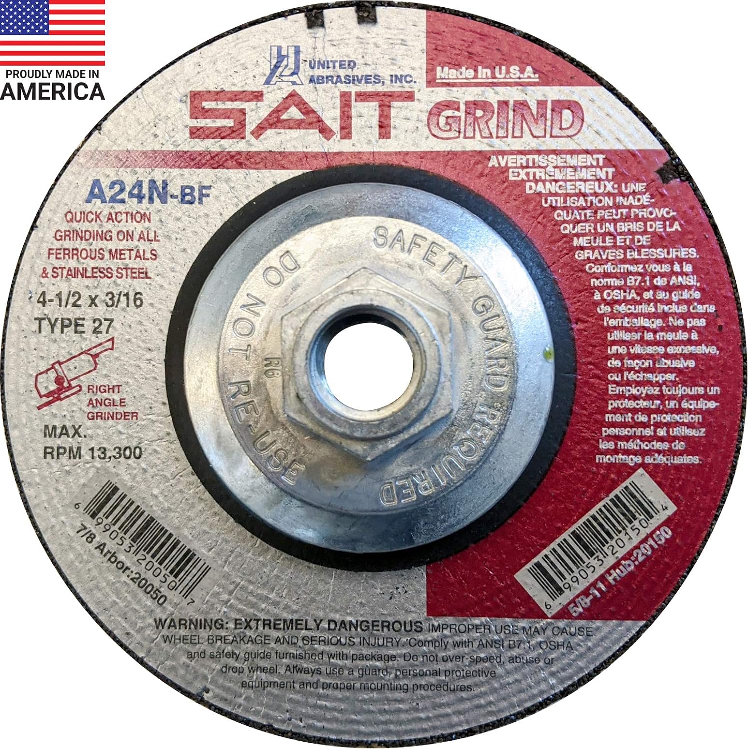 United Abrasives-SAIT 20150 A24N Fast Grinding Wheel 4 1/2' x 3/16' x 5/8-11' Type 27 with Super-Lock™ Hub, 10 Pack