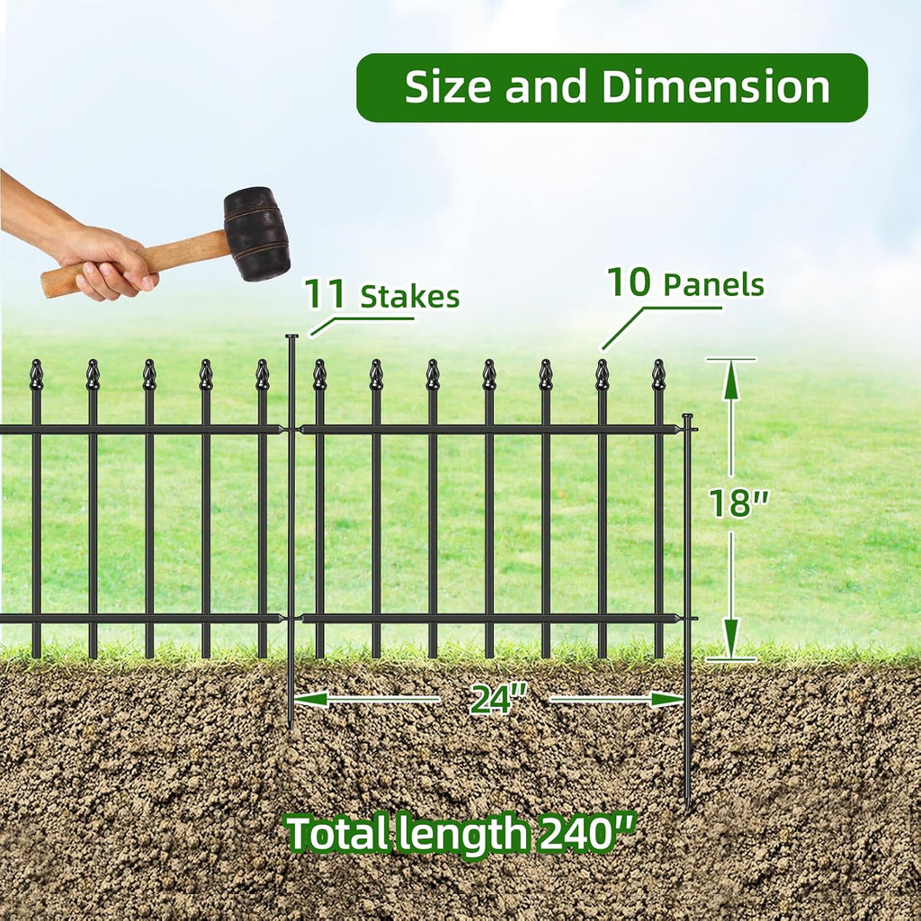 FOREHOGAR Decorative Metal Garden Fence 18 in H x 20 ft L, Small Border Fence Roman Column Deco, Garden Fencing for Yard Flower Bed Lawn Landscape Outdoor, 10 Panels + 11 Stakes Black