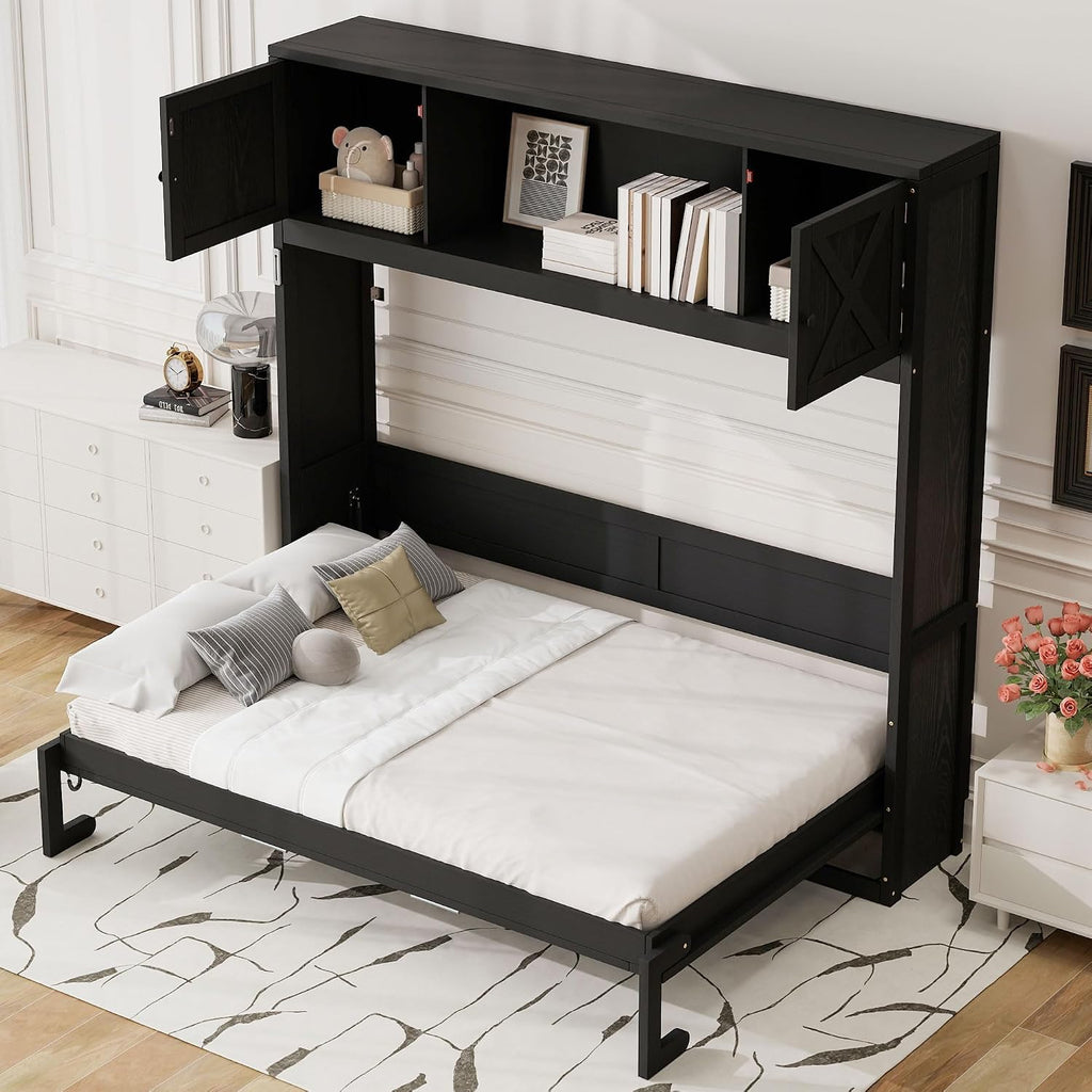 Harper & Bright Designs Queen Size Murphy Bed, Wood Hidden Foldable Wall Bed Frame with Storage Cabinet for Bedroom, Office, Space-Saving, Black