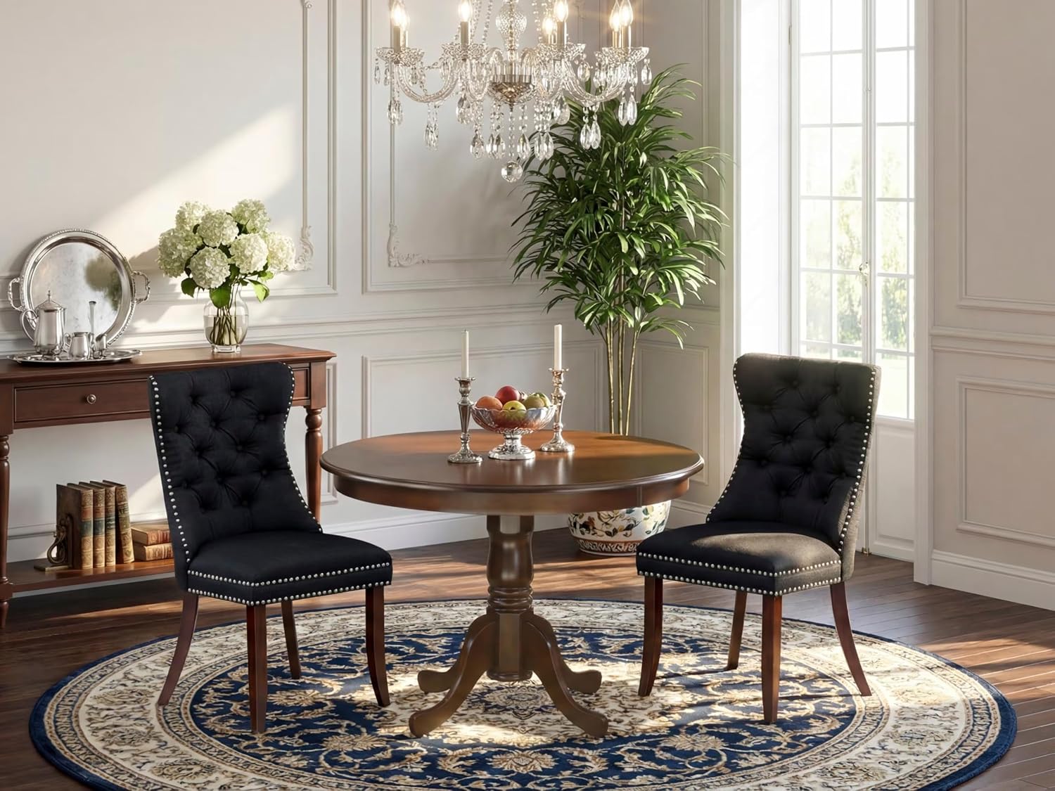 East West Furniture HLDA3-MAH-24 3 Piece Dining Room Furniture Set Includes a Round Wooden Table with Pedestal and 2 Polyester Fabric Upholstered Chairs, 42x42 Inch, Mahogany