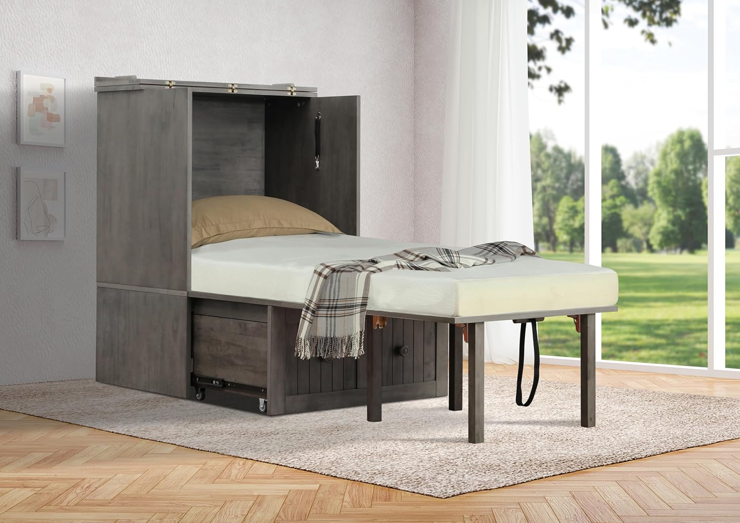 Mega Solutions Murphybedz Tuscany Murphy Cabinet Chest Bed with Charging Station 6 Inch (Galaxy Grey, Single)