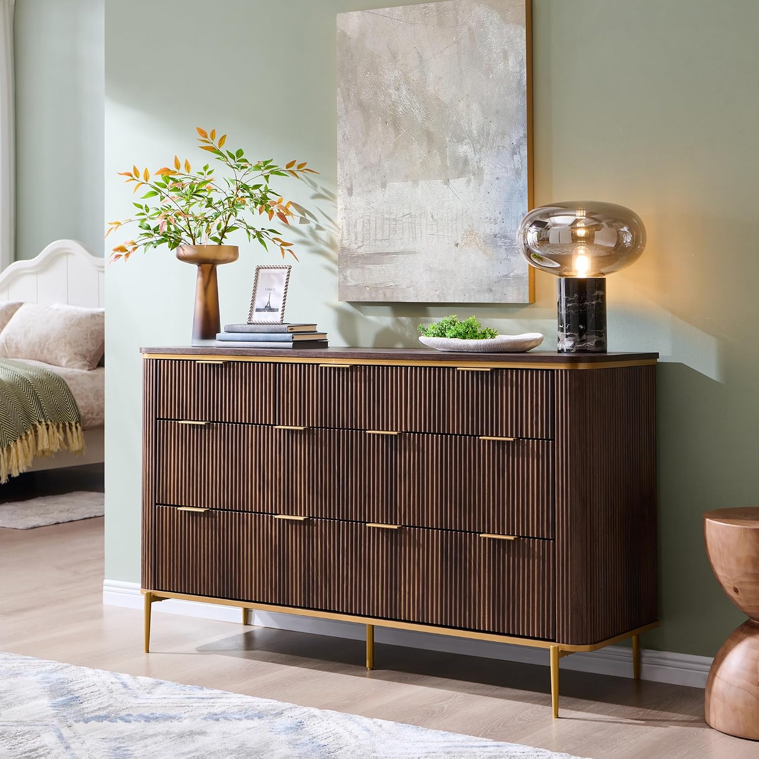 T4TREAM Fluted 7 Drawers Dresser for Bedroom, 54' Wide Modern Dresser TV Stand, Gold Accents, Fluted Fronts, Wood Storage Dressers Organizer for Bedroom, Living Room, Dark Walnut