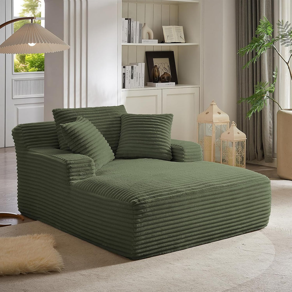 Oversized Chaise Lounge Chair Indoor, 66' Cloud Boneless Sleeper Couch Corduroy Upholstered Sofa Bed Deep Seat Comfy Reading Chair with 3 Pillows for Living Room Bedroom, Green