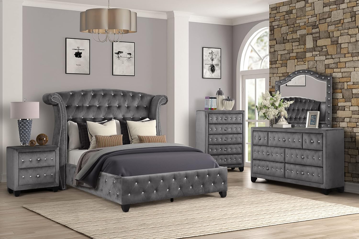 Full 5-Piece Upholstery Bedroom Set Constructed from Wood in Elegant Gray