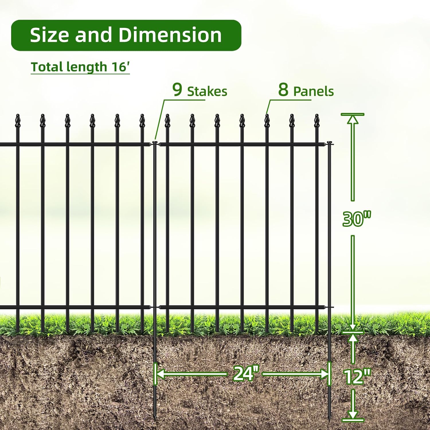 FOREHOGAR Metal Garden Fence 30 in H x 16 ft L, Border Fences Panels Animal Barrier for Dogs, No Dig Garden Fencing for Yard Patio Flower Bed Lawn Outdoor, 8 Panels + 9 Stakes Black