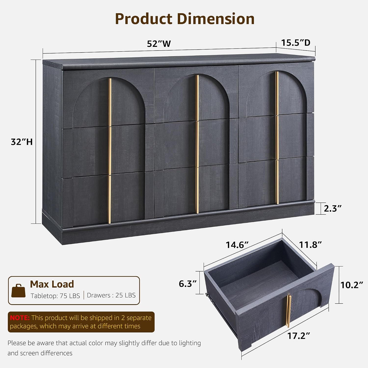 ACCOHOHO Arched Dresser for Bedroom with 9 Drawers, 52' Wide Modern Chest of Drawers with Rounded Edge & Metal Handles, Wood Storage Closet Dressers TV Stand for Living Room, Hallway, Black