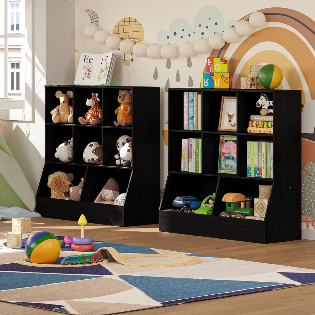 DINZI LVJ Toy Storage Organizer, Kids Bookshelf, Wood Toy Storage Cabinet, 3-Tier 8 Cubby Children Bookcase, 39.4' L Toddler Book Shelf for Playroom, Living Room, Nursery, Hallway, Classroom, Espresso