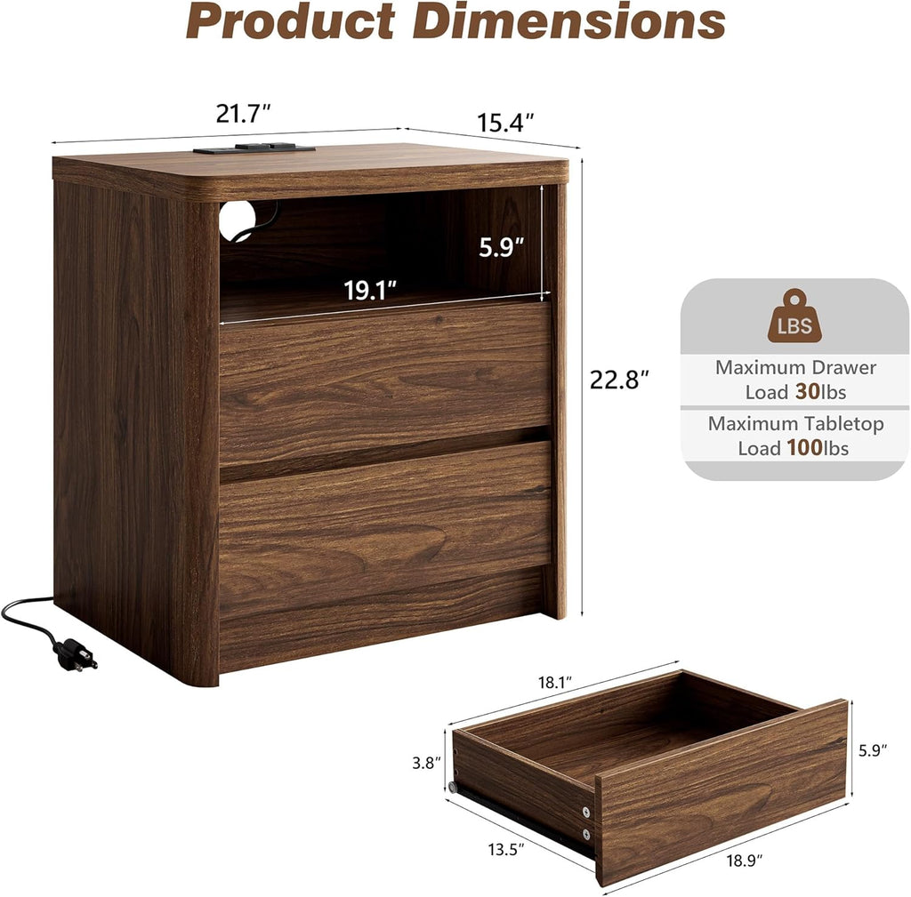 3 Pieces Bedroom Set, 55 Inch Width 7-Drawer Dresser & 2-Drawer Nightstands Set of 2,Nightstand with USB Nightstand with USB&Type C Charging Station&Outlets,Modern Design for Bedroom, Walnut