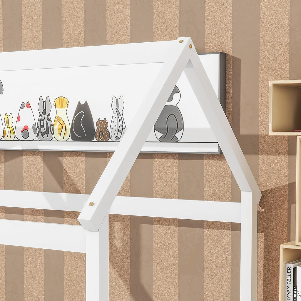 Twin Floor Bed with Slats, Twin Floor Bed for Children, Wooden Montessori Bed with Fence, House Bed for Boys Girls Bedroom - White