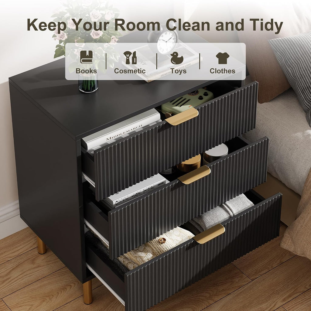 GarveeHome Black Dresser, Modern 3 Drawer Dresser for Bedroom with Gold Handle and Large Drawer, Wood Double Chest of Drawers and Storage Organizer for Living Room, Hallway, Entryway