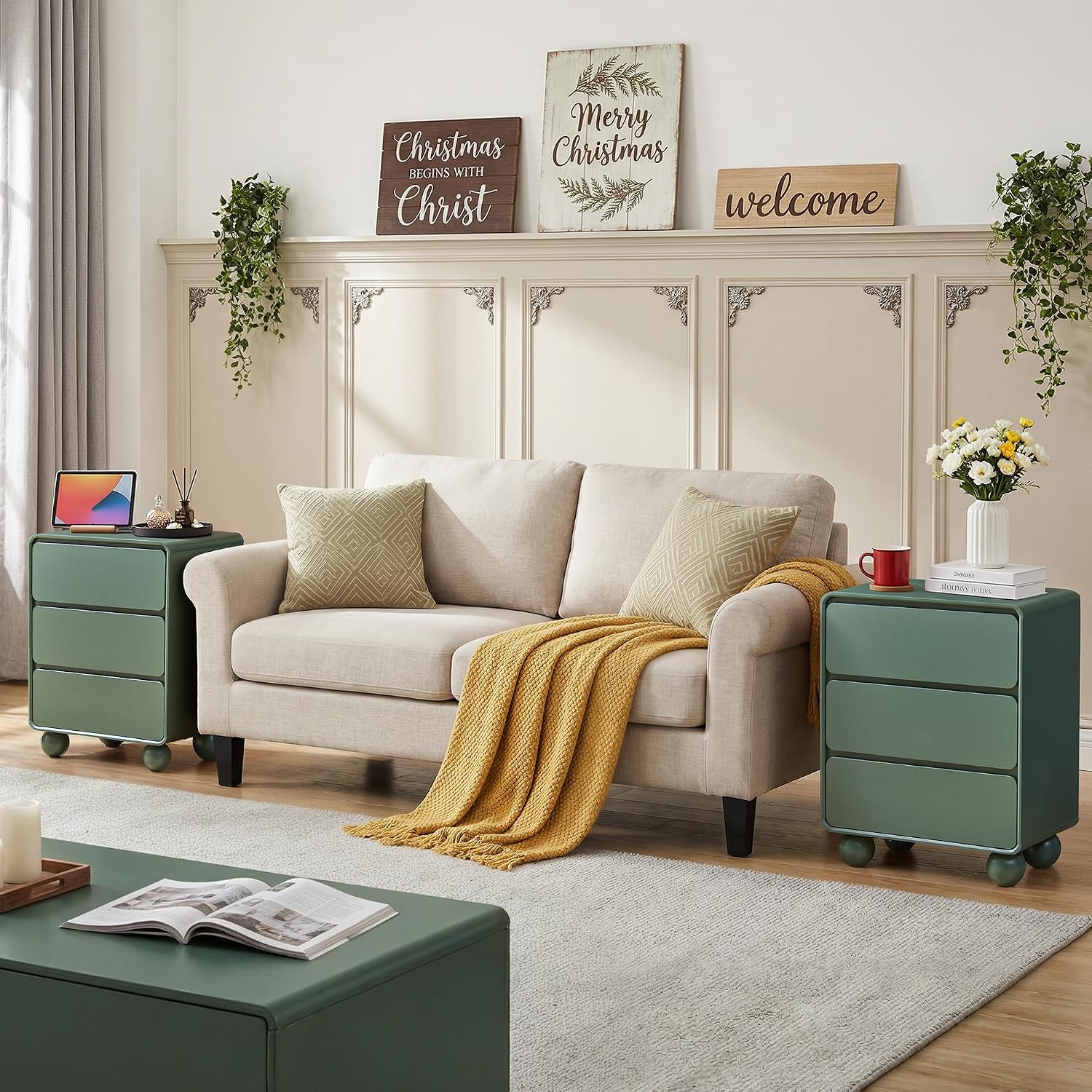 AVZEAR Modern3 Drawer Dresser for Bedroom, Curved Wooden Dresser Chest of Drawers, 3 Drawer Nightstand Closet Clothes Storage Organizer for Kids Bedroom, Living Room, Nursery, Green