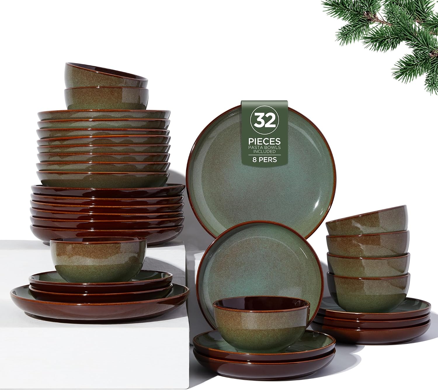Pokini 32 Piece Double Bowl Dinnerware Sets with Pasta Bowls, Highly Chip and Crack Resistant Plates and Bowls Sets, Natural Earthyware Ceramic Dishware Sets, Service for 8 Sage Green