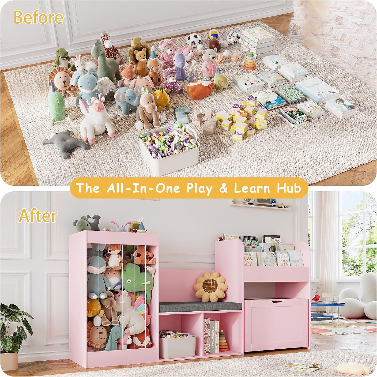 68.9'W Kids Toy Storage, Large Bookshelf with Reading Nook, Removable Building Baseplate Lid for Lego, Rolling Drawers, Stuffed Animal Storage, Bench and Removable Cushions for Playroom(Pink)