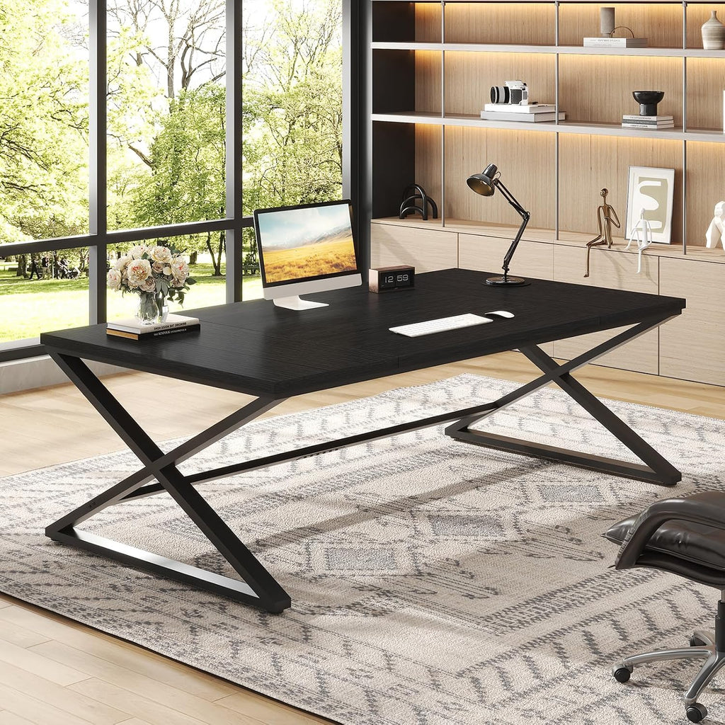 IBF Black Desk, Large Home Office Work Desk, 78.7' Long Computer Desks, Simple Wide Study Writing Desk, Wood Metal Double PC Executive Workstation Gaming Desk Computer Table for Bedroom, Black Oak
