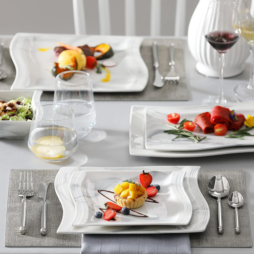 MALACASA 26-Piece Marble Grey Square Dinnerware Sets, Flora Porcelain Dinner Set for 6, Service for 6, Microwave & Dishwasher Safe, BPA, Lead & Cadmium Free