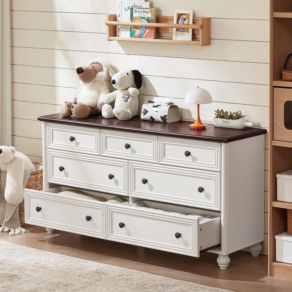 RWYHG Farmhouse Dresser and Nightstand Sets 4 Piece, Wooden 7 Drawers Dresser & 43.5' Tall Chest of Drawers, 18' Roman Column Nightstand Set of 2, Furniture Dressers for Bedroom, Living Room