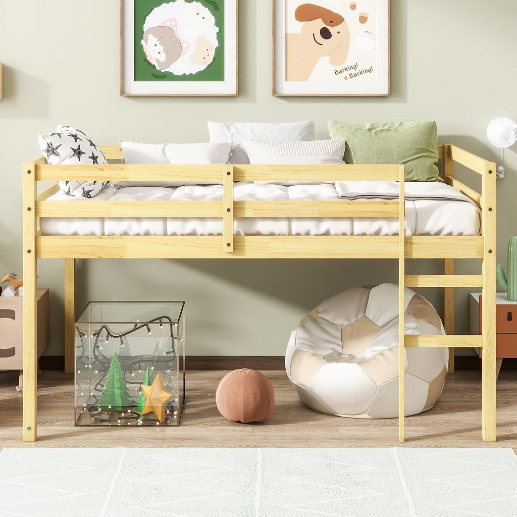 JIVOIT Twin Size Loft Bed with Ladder, Solid Rubber Wooden Low Height Loft Bed, Bed Platform of Strengthened Slats, No Box Spring Needed (Natural//14)