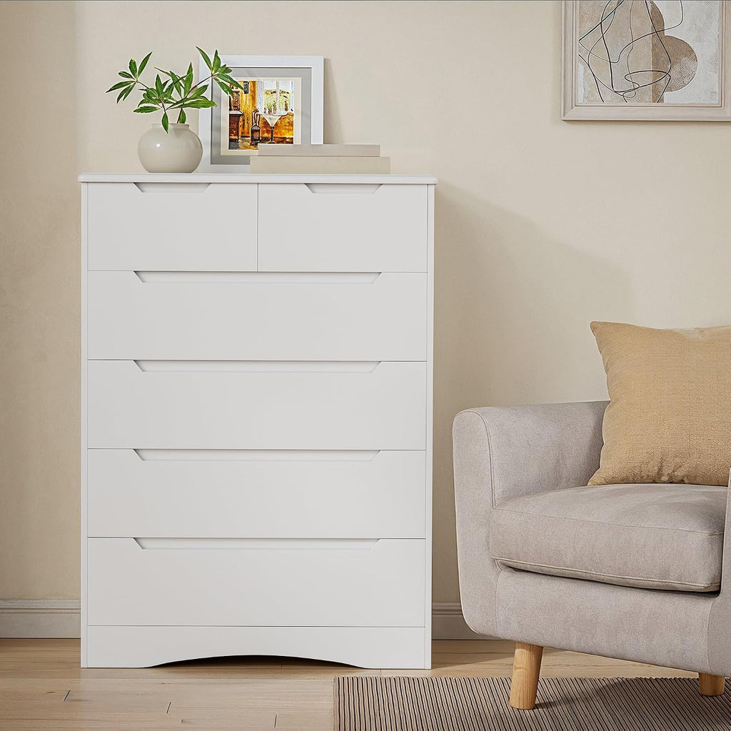 Gizoon 6 Drawer Dresser, Chest of Drawers with Large Storage, White Dressers for Bedroom, Tall Dresser and Organizer with Anti-Tripping, Wooden Cabinet for Office, Living Room, Entryway