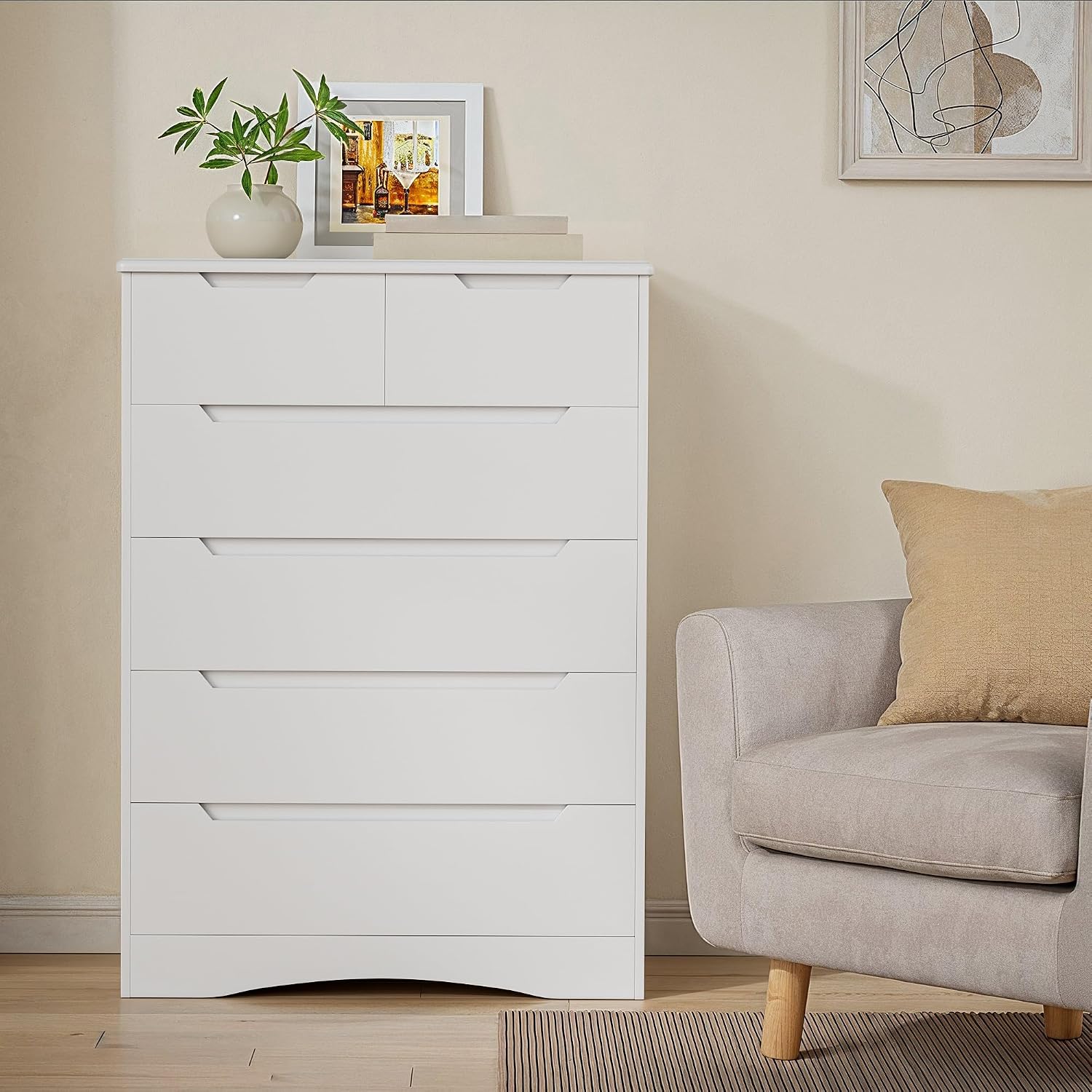 Gizoon 6 Drawer Dresser, Chest of Drawers with Large Storage, White Dressers for Bedroom, Tall Dresser and Organizer with Anti-Tripping, Wooden Cabinet for Office, Living Room, Entryway