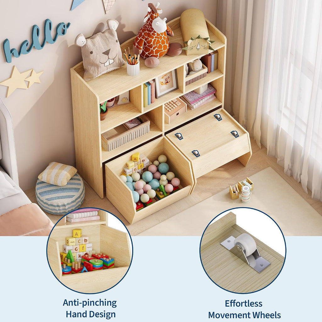 IDEALHOUSE Toy Storage Organizer with Movable Drawers, Kids Bookshelf with Hidden Wheels and 5 Open Cubbies, Multifunctional Storage Cabinet Chest for Playroom