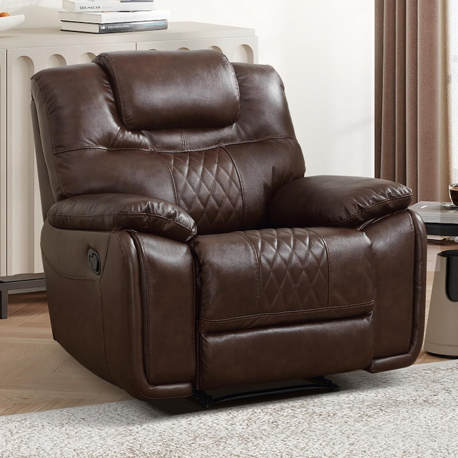 EBELLO Genuine Leather Recliner Chair, Manual Overstuffed Reclining Sofa for Adults with Comfortable Armrest and Backrest, Single Couch for Living Room, Dark Brown