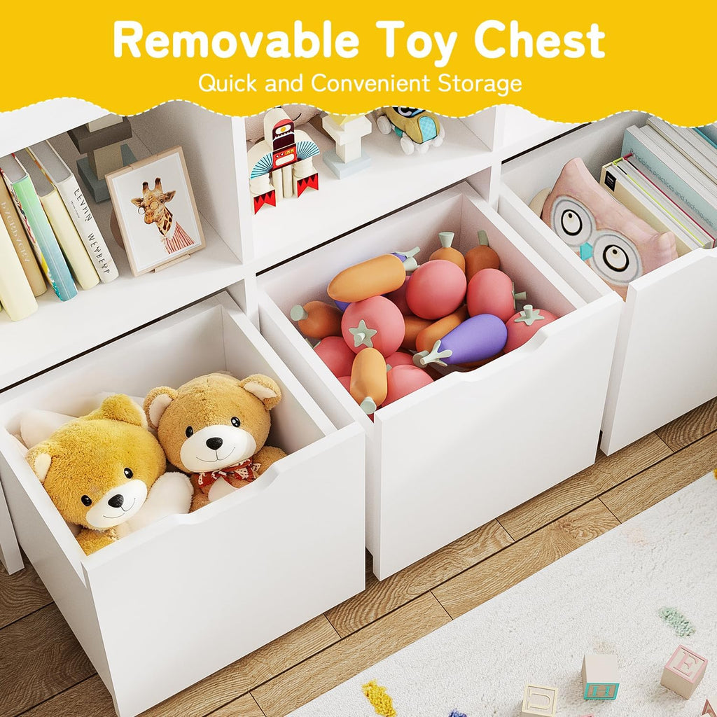 Teckid 2-in-1 Kids Bookshelf and Toy Storage Organizer, Kids Storage Cabinet with 5 Open Cubbies and 3 Rolling Drawers, Multifunctional Toy Chest for Playroom Bedroom Living Room, White