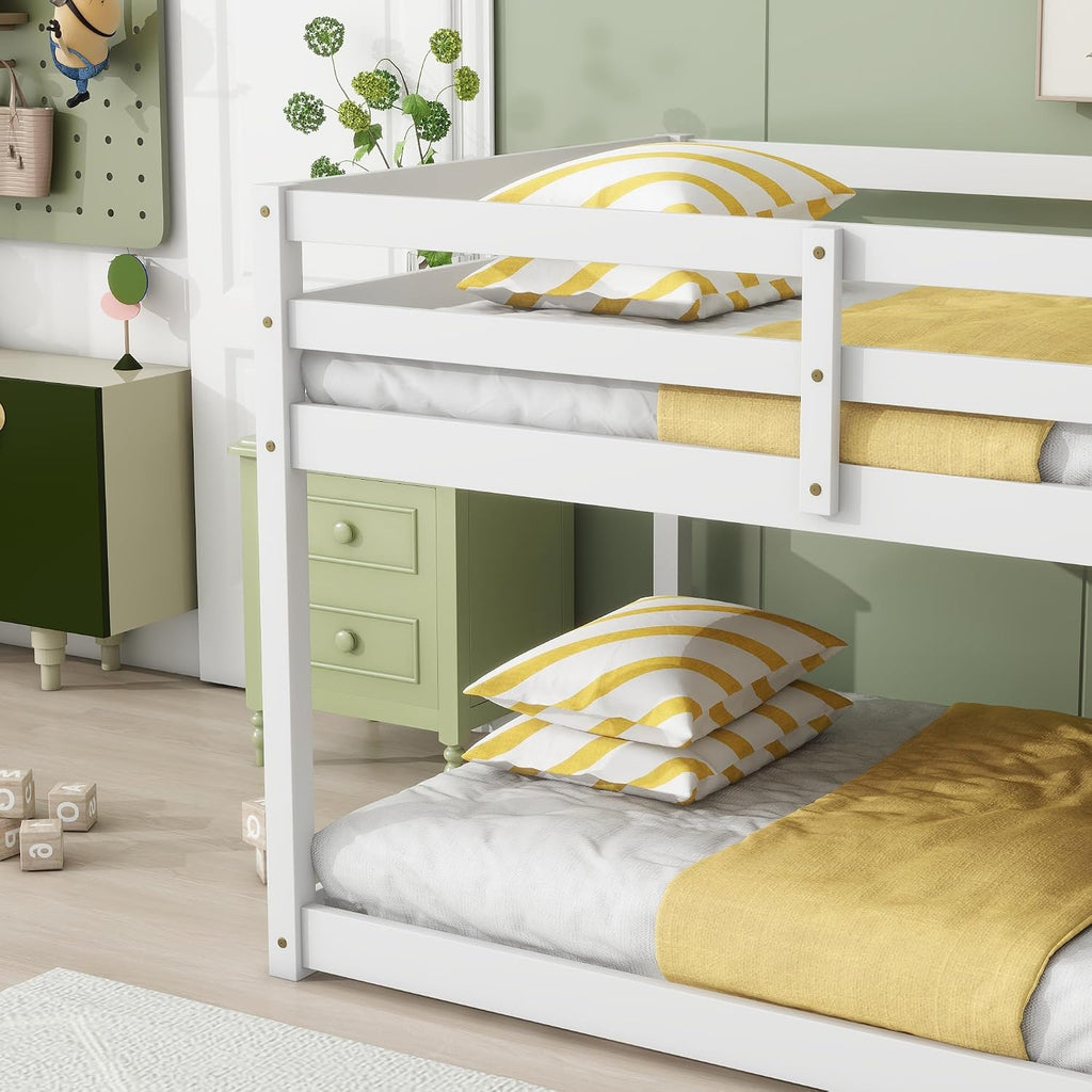 Ball & Cast Solid Rubber Wooden Twin Over Twin Bunk Bed with Ladder and Full Length Guardrail,Low Bunkbed w/Slat Support,Bedroom Furniture for Girls Boys,White