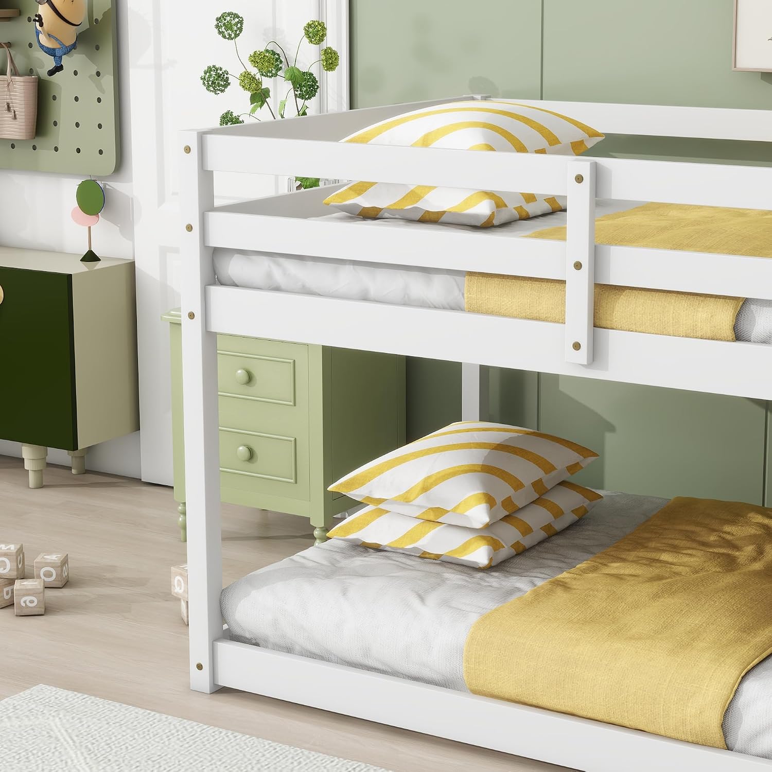 Ball & Cast Solid Rubber Wooden Twin Over Twin Bunk Bed with Ladder and Full Length Guardrail,Low Bunkbed w/Slat Support,Bedroom Furniture for Girls Boys,White