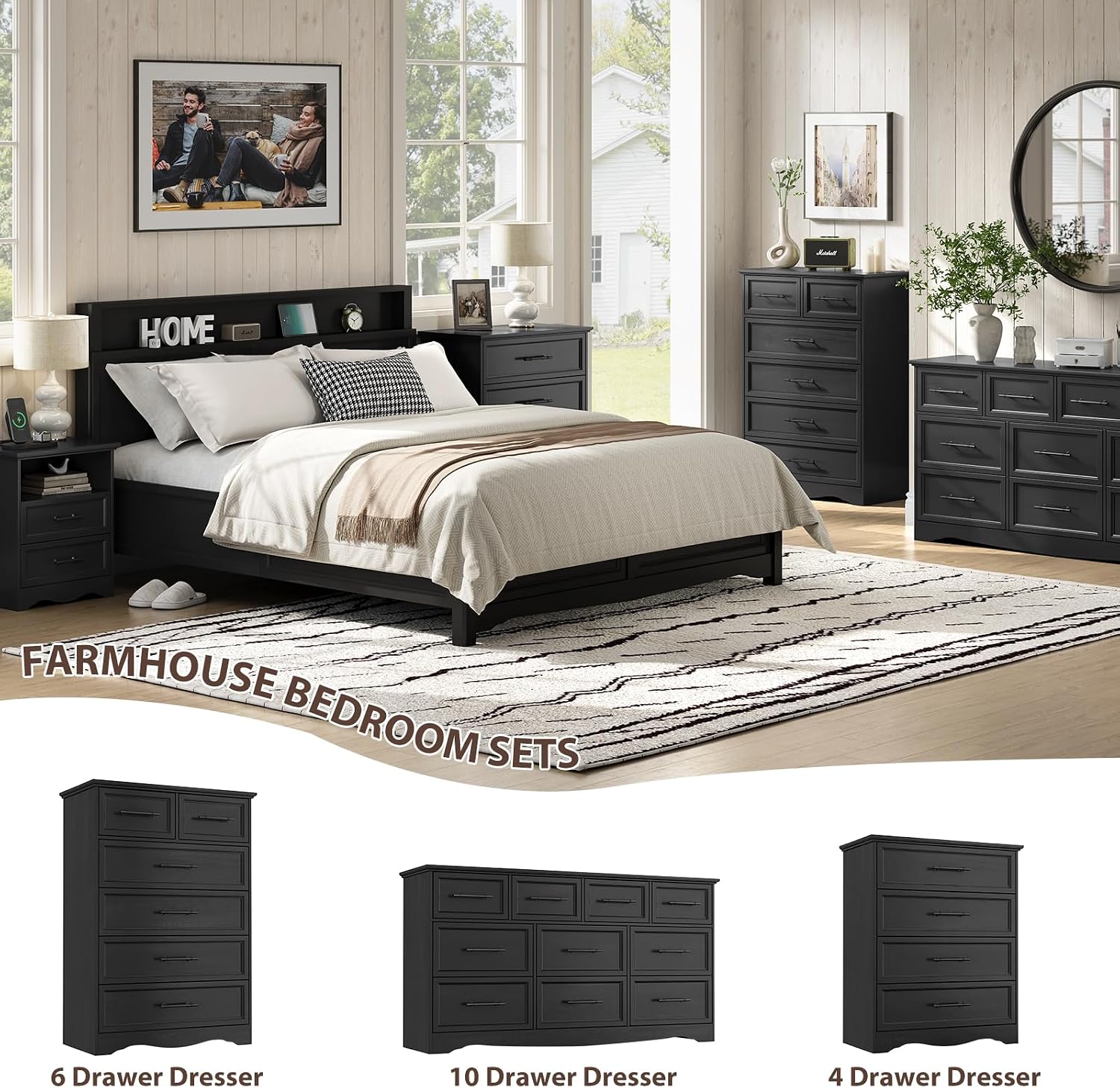 Black Dresser for Bedroom, Farmhouse 36' Tall 4 Drawer Chest with Sleek Brushed Metal Handles, Modern Wood Storage Cabinet with Unique Base Design, Closet Organizer for Bedroom, Living Room, Hallway