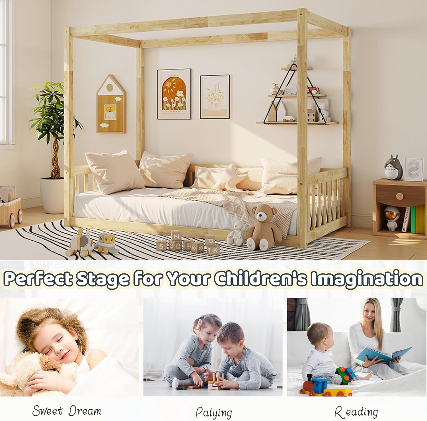 Twin Size Montessori Floor Bed with Canopy Frame and High Guardrails, Solid Wood Twin Canopy Bed with 4 Posters, Safe and Stylish Canopy Twin Bed for Kids Girls Boys,Natural