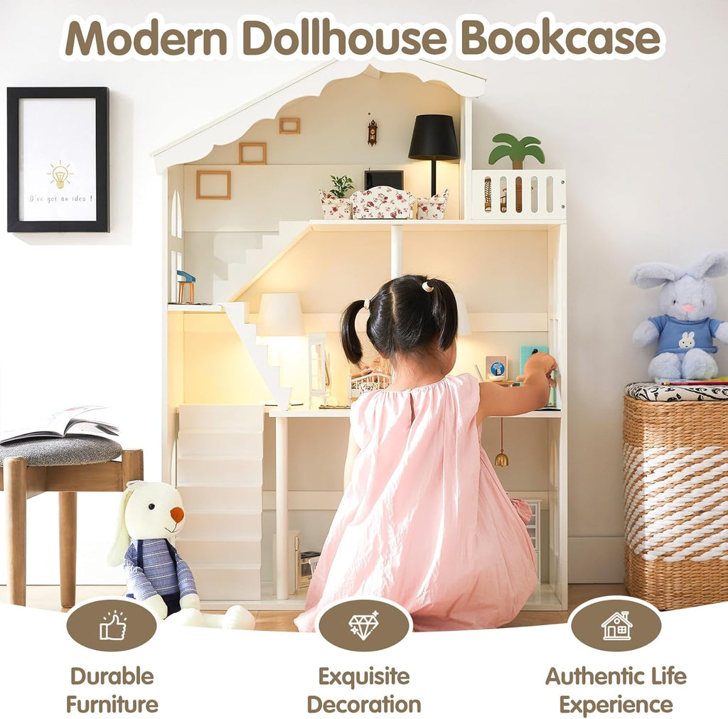 Dollhouse Bookshelf, Wooden Kids Bookshelve Children Doll House Toy Storage 3-Tier Bookcase for Books Gift for Girls Ages 3-7+
