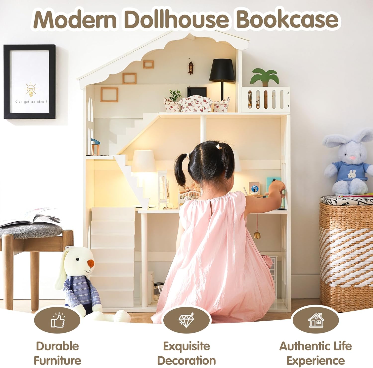 Dollhouse Bookshelf, Wooden Kids Bookshelve Children Doll House Toy Storage 3-Tier Bookcase for Books Gift for Girls Ages 3-7+