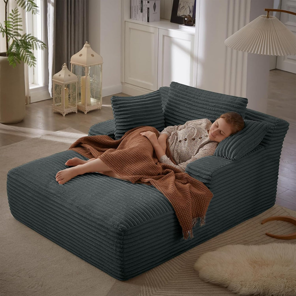 Oversized Chaise Lounge Chair Indoor, 66' Cloud Boneless Sleeper Couch Corduroy Upholstered Sofa Bed Deep Seat Comfy Reading Chair with 3 Pillows for Living Room Bedroom, Dark Grey