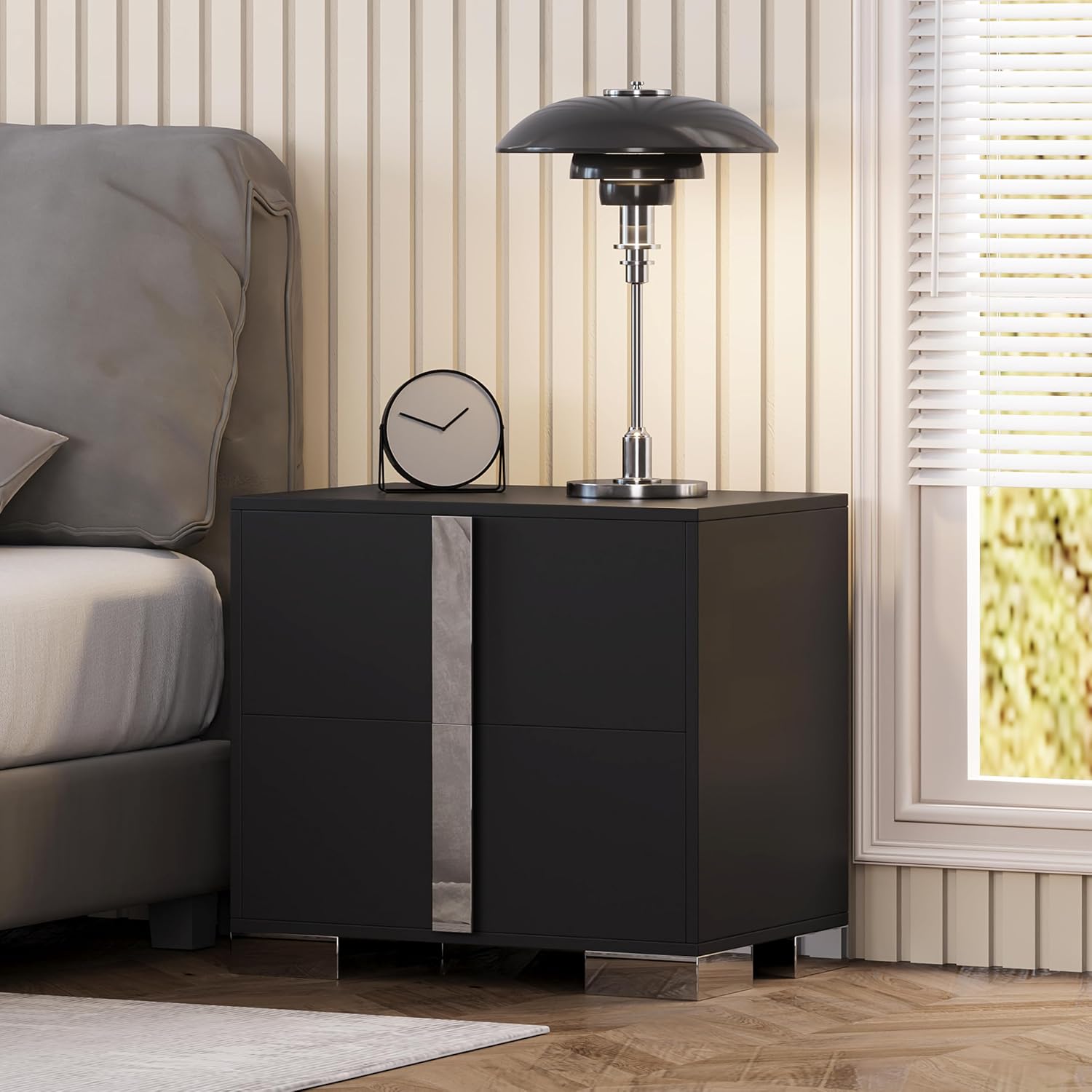 Modern Black Nightstand Set of 2 for Bedroom, Elegant 2 Drawer Nightstand with Silver Mirrored Handle and Base, Wood End Table Sofa Side Table for Living Room Bedroom (Black)