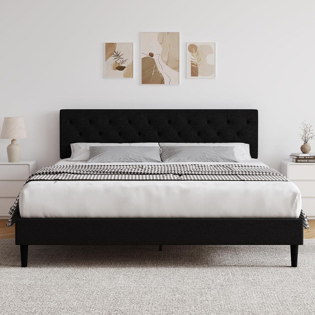 HOMBCK King Size Bed Frame, Linen Fabric Upholstered Bed Frame King Size with Headboard, Wood Slats Support, Button Tufted Design, No Box Spring Needed, Black