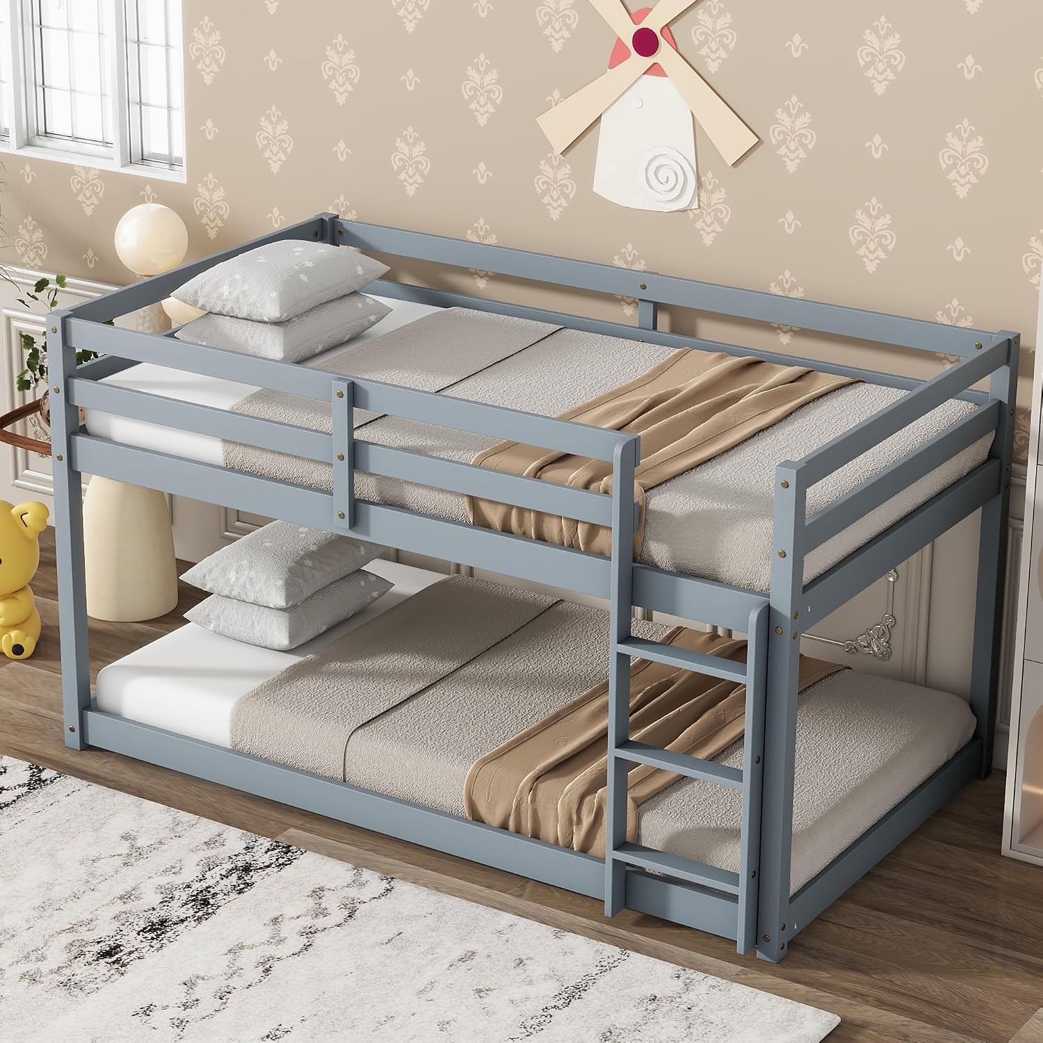 Ball & Cast Twin Over Twin Bunk Bed,Solid Rubber Wooden Low Floor Platform Bed with Ladder and Full Length Guardrail,Slat Support,Bedroom Furniture for Girls Boys,Grey