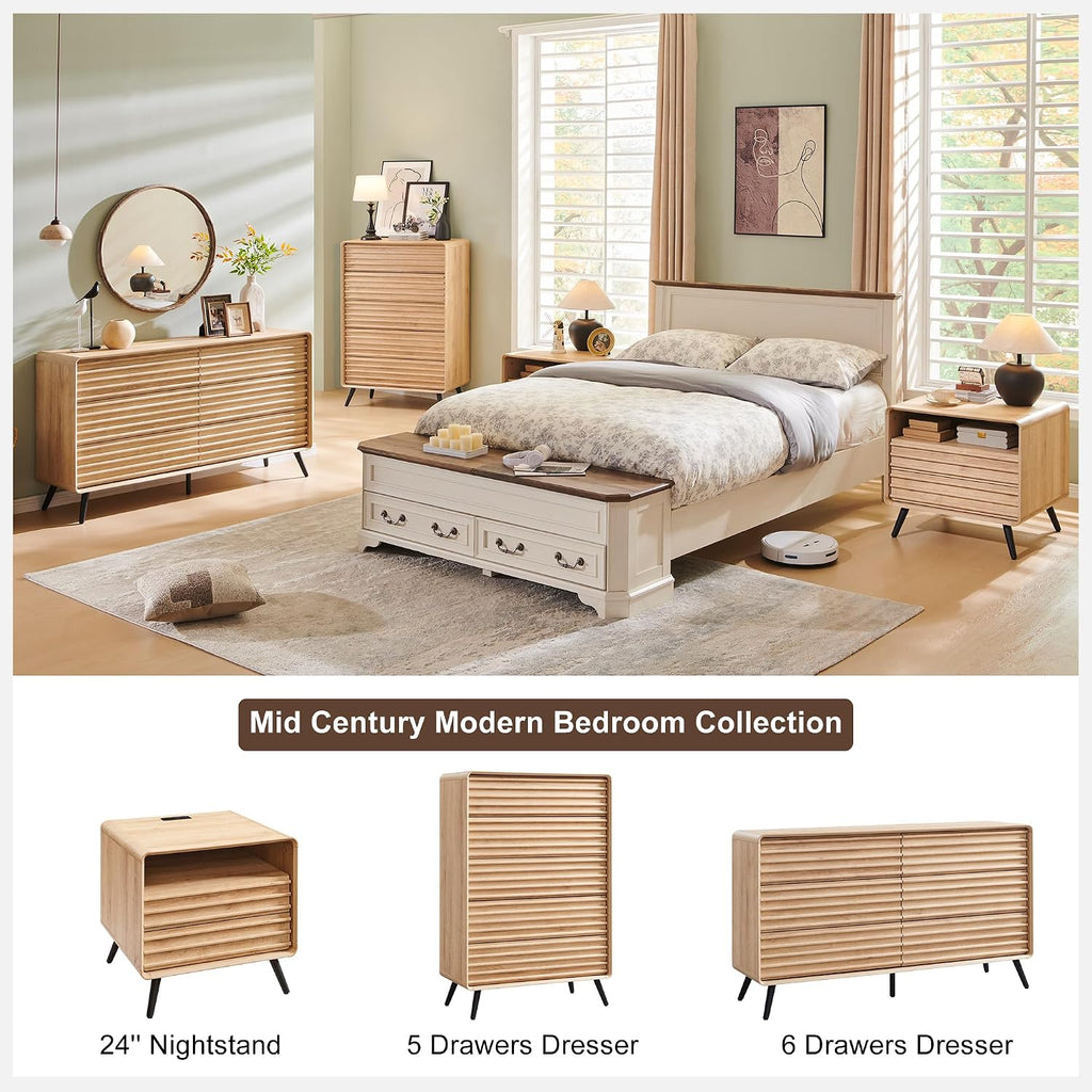 RedLemon 6 Drawers Dresser for Bedroom, 54'' Wide Mid Century Modern Wood Fluted Double Dresser, Chest of Drawers with Tapered Leg for Bedroom, Living Room, Hallway, Closet, Natural Oak
