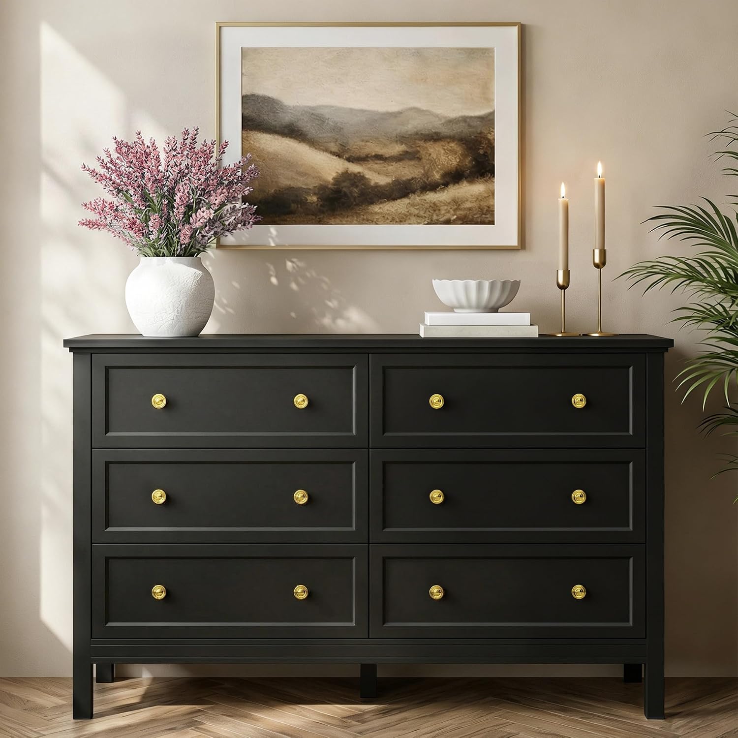 LYNSOM Black Dresser for Bedroom, 6 Drawer Dresser with Wide Drawer and Metal Handles, Wood Dressers & Chests of Drawers for Hallway, Entryway