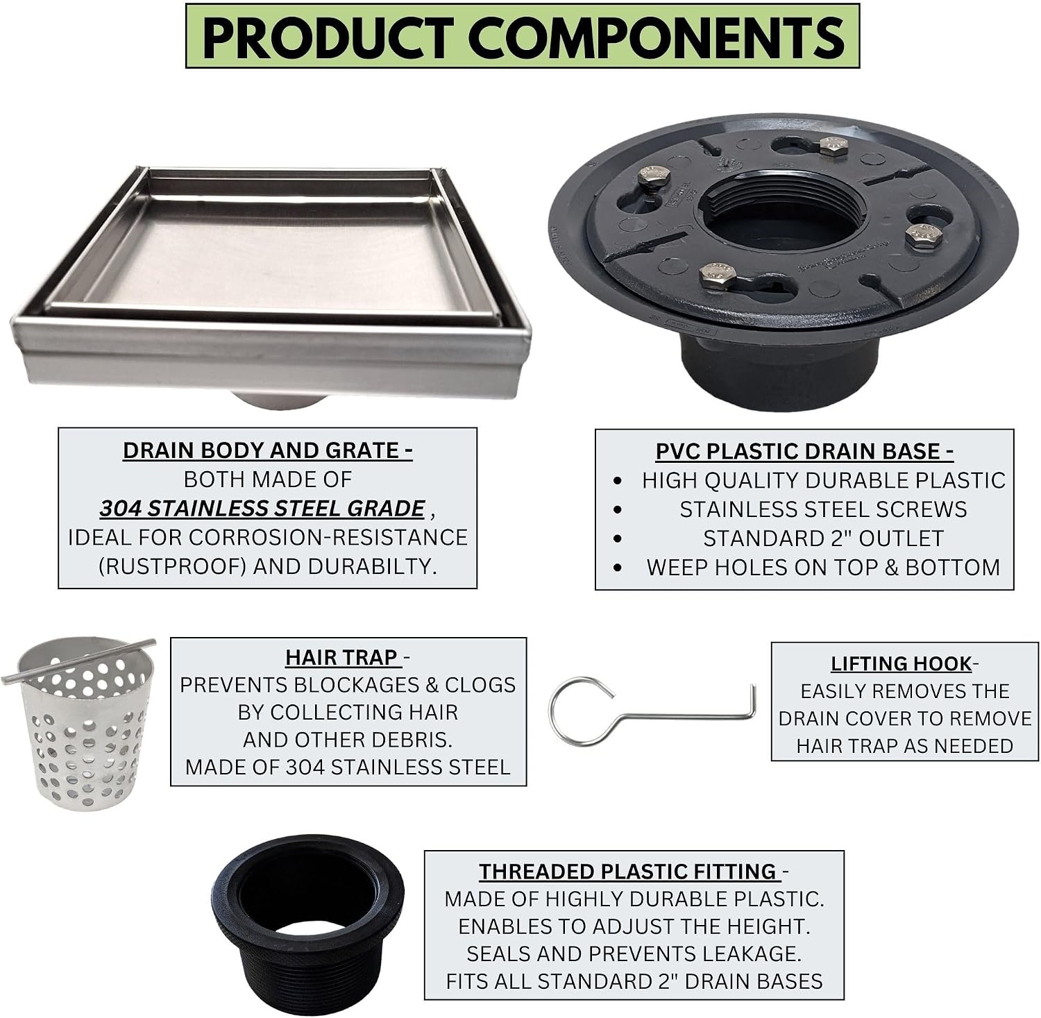 SereneDrains 304 Stainless Steel Tile in Square Brushed Nickel Shower Drain Kit with Drain Base Hair Catcher Strainer Grate Cover Bathroom Floor Insert (PVC Plastic, 6 Inch)