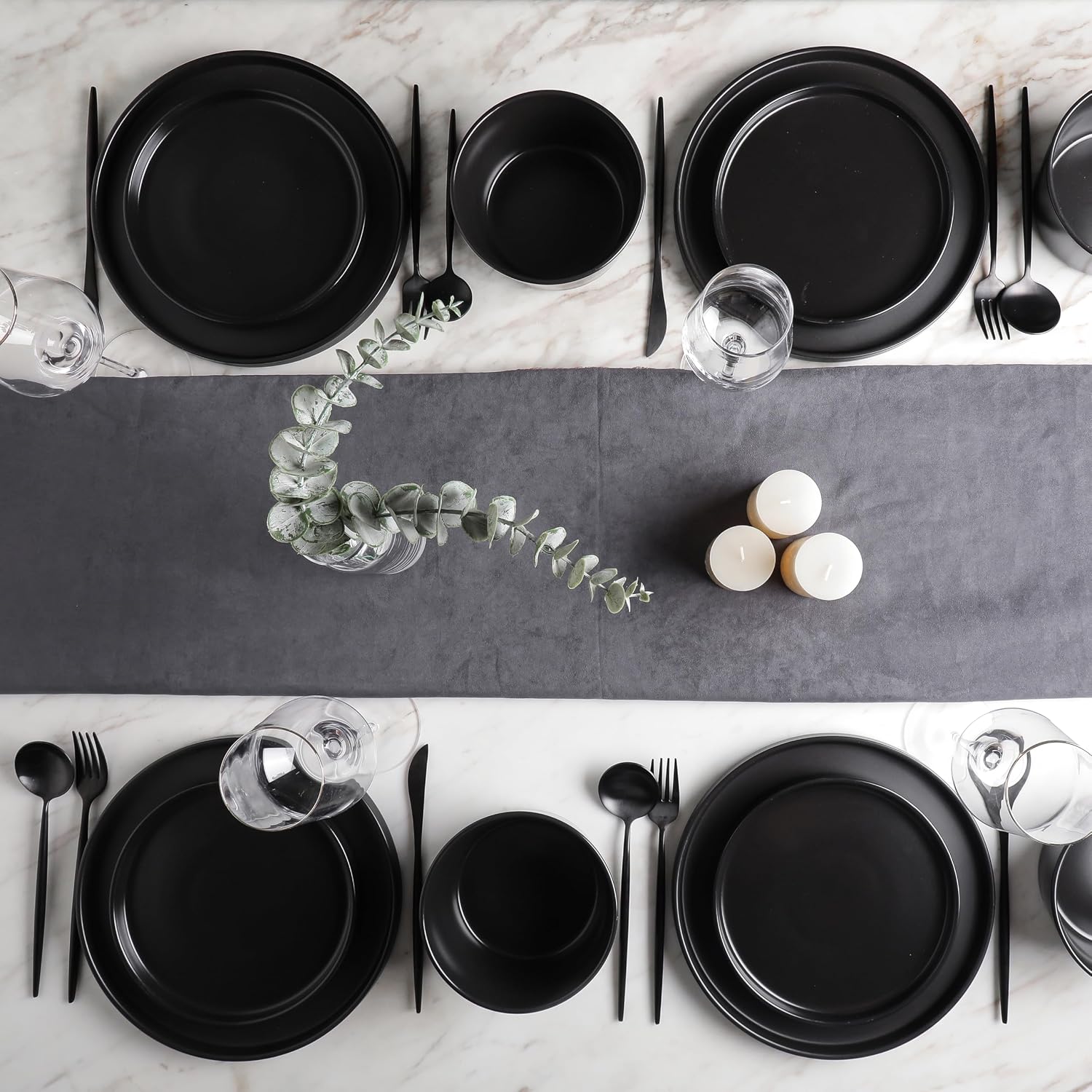 Stone Lain Celina Stoneware 32 Piece Modern Dinnerware Set, Plates and Bowls, Black Matte, Service for 8, Microwave & Dishwasher Safe