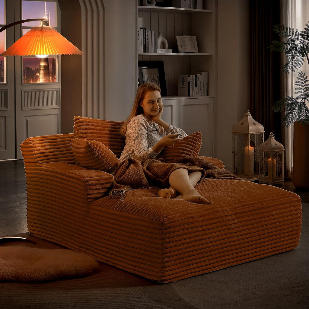 Oversized Chaise Lounge Chair Indoor, 66' Cloud Boneless Sleeper Couch Corduroy Upholstered Sofa Bed Deep Seat Comfy Reading Chair with 3 Pillows for Living Room Bedroom, Orange