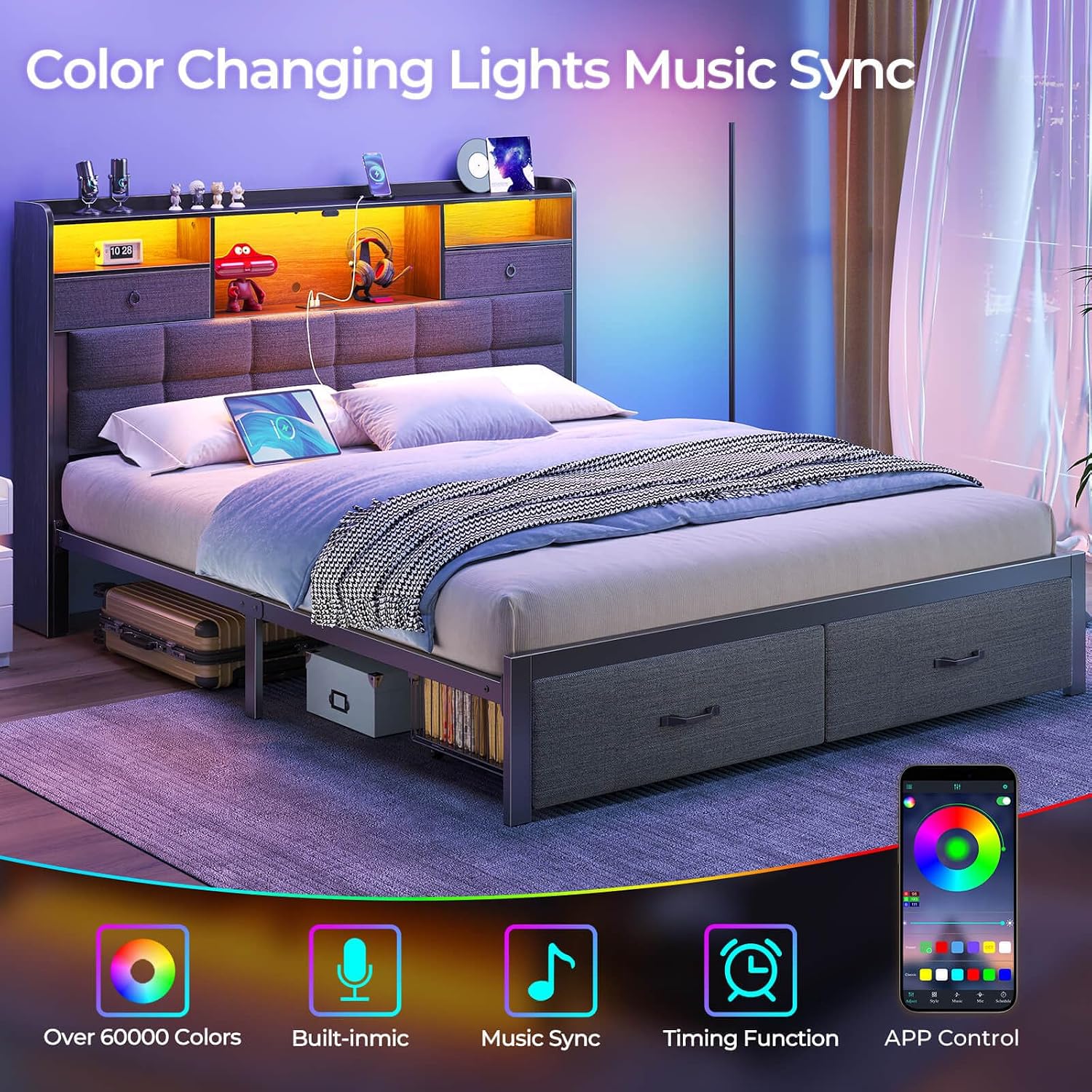 Rolanstar Bed Frame Full Size with Drawers and Charging Station, Upholstered Platform Bed with Storage Headboard and LED Light, Heavy Duty Metal Frame Support, No Box Spring Needed, Noise Free, Grey