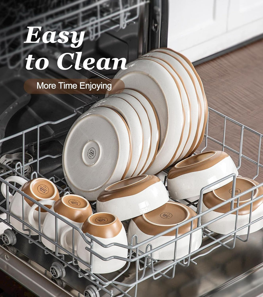 24 Piece Dinnerware Sets for 8 - Farmhouse Ceramic Plates and Bowls Sets - Scratch Resistant Stoneware Dishes Set, Dishwasher & Microwave Safe, Stack Compactly Dishware - Vintage White