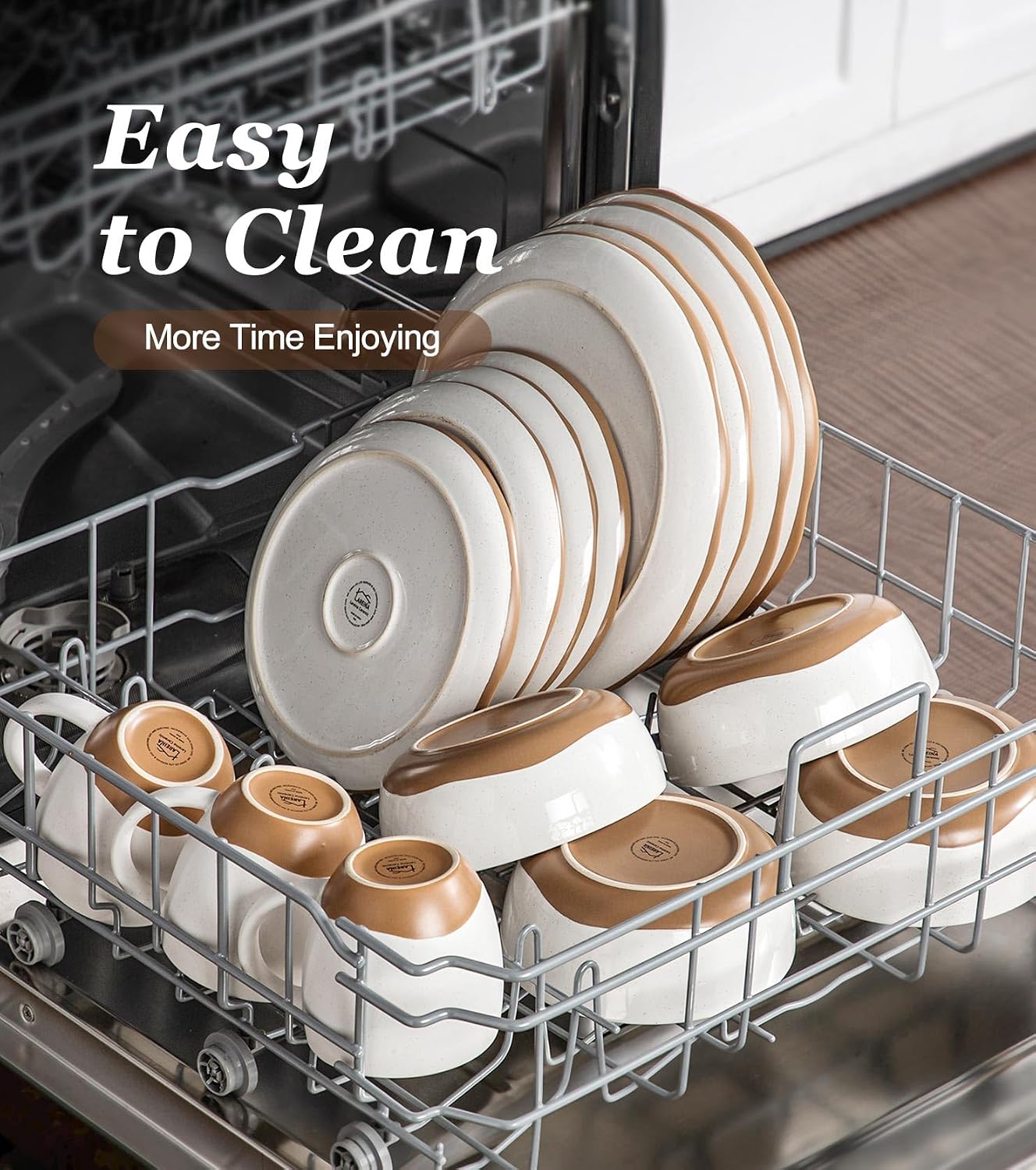 24 Piece Dinnerware Sets for 8 - Farmhouse Ceramic Plates and Bowls Sets - Scratch Resistant Stoneware Dishes Set, Dishwasher & Microwave Safe, Stack Compactly Dishware - Vintage White